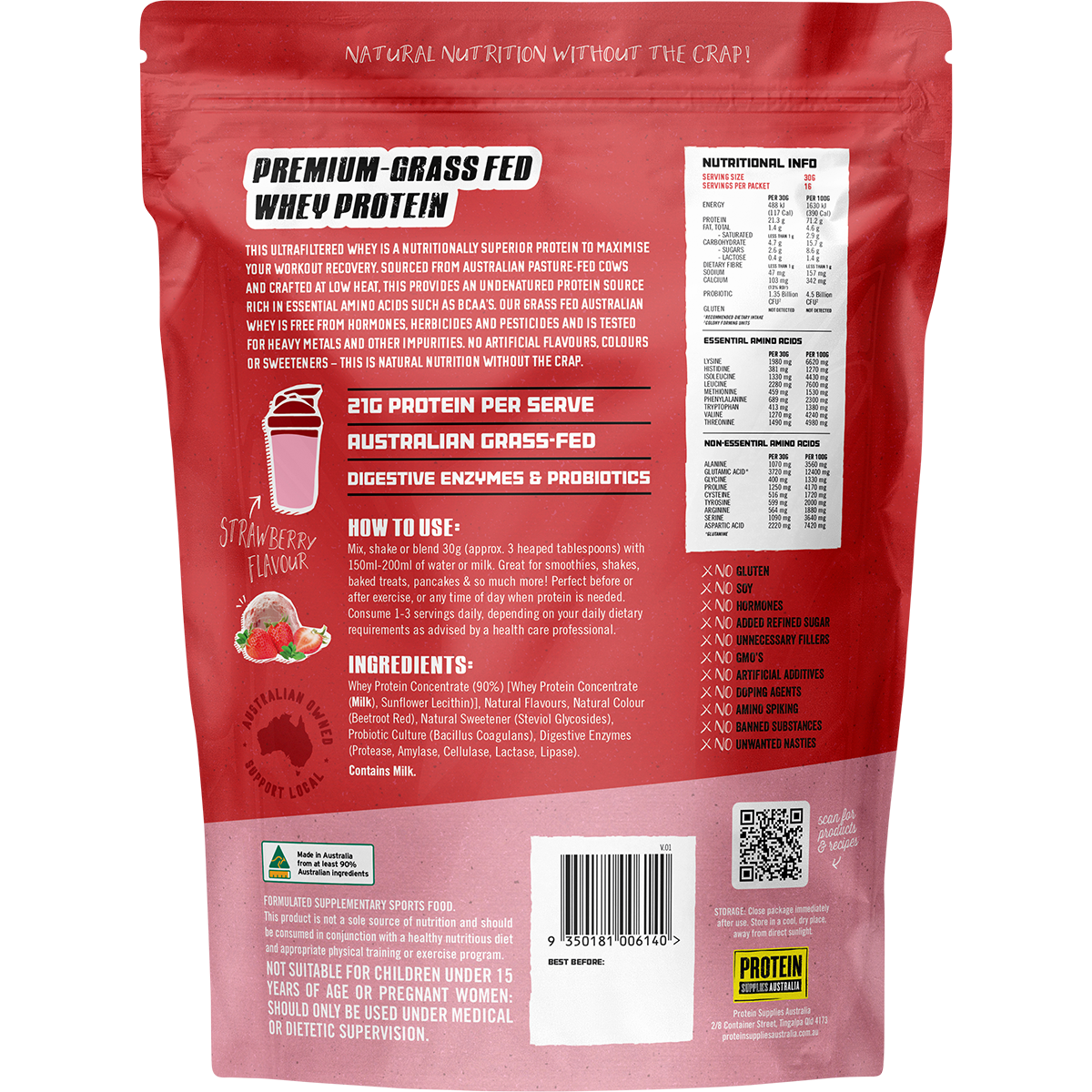 Back of a 500g bag of Protein Supplies Australia Strawberry Whey Protein with ingredients and nutritional info.