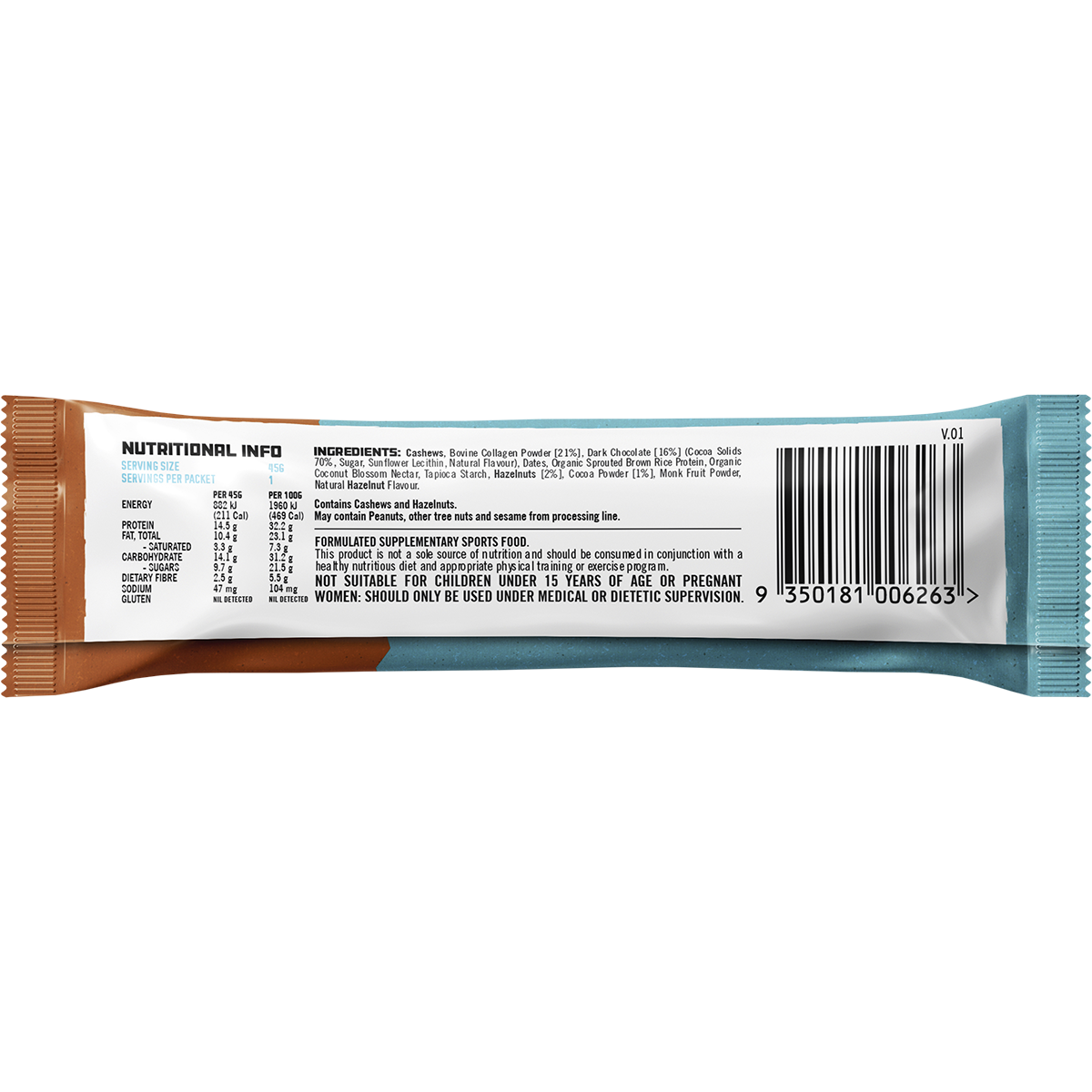 Back of Chocolate Hazelnut Collagen Protein Bar wrapper with nutrition facts, ingredients, and allergen info.