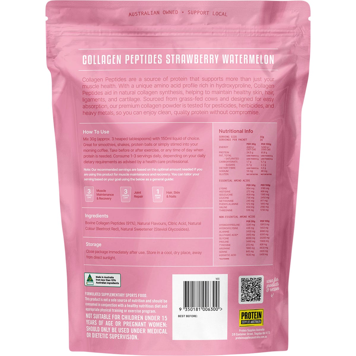 Protein Supplies Australia Collagen Peptides Strawberry Watermelon 500g