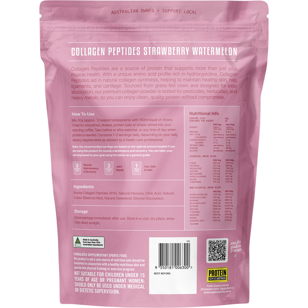Back of a 500g bag of Protein Supplies Australia Collagen Peptides with nutritional info and ingredients.