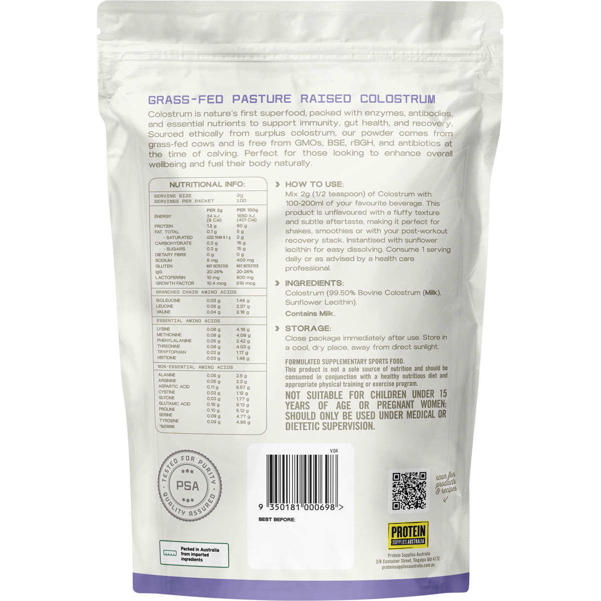 Back of a Protein Supplies Australia Grass Fed Colostrum tub showing nutritional information and directions.