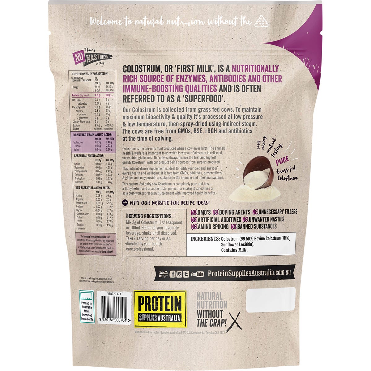 Protein Supplies Australia Colostrum Grass Fed Pure 500g