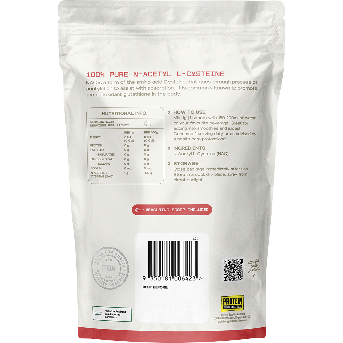 Rear view of a 100g tub of Protein Supplies Australia NAC Unflavoured powder showing directions and product information.