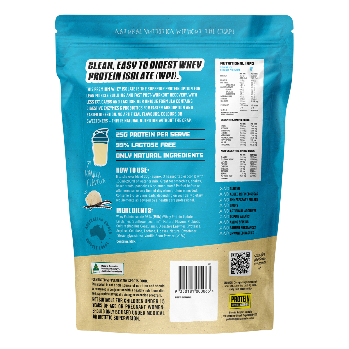 Back of a 500g Protein Supplies Australia Vanilla WPI tub showing nutritional facts, ingredients, and directions.