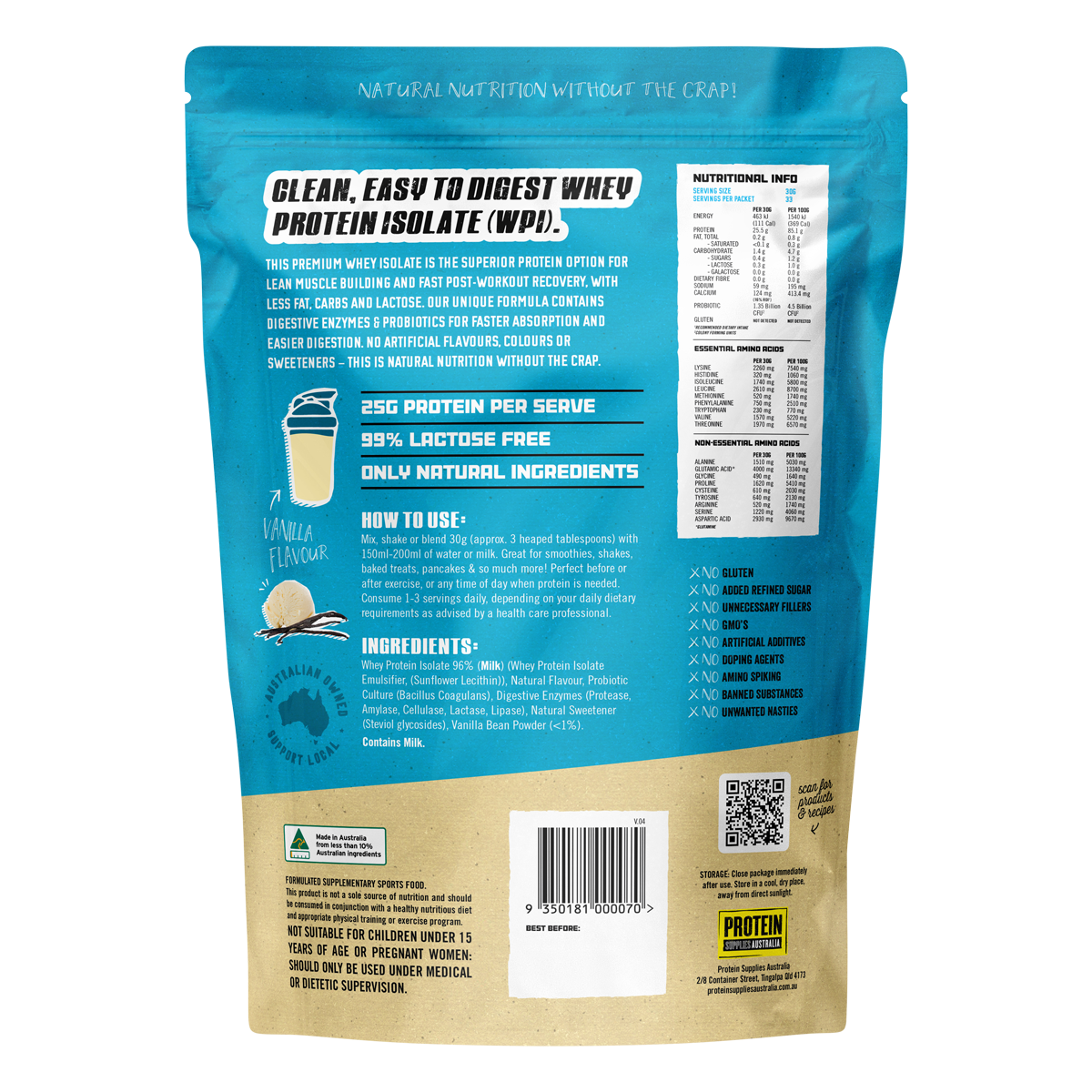 Back of a 1kg vanilla whey protein isolate tub showing nutritional information and directions on a blue and white label.