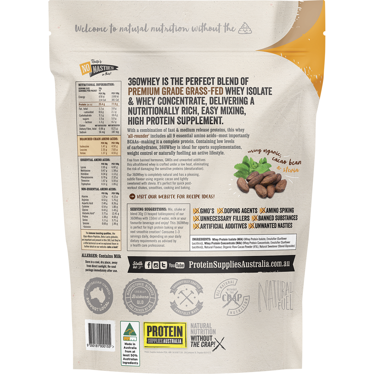 Back of Protein Supplies Australia 360Whey Chocolate 500g bag showing nutritional info on a white background.