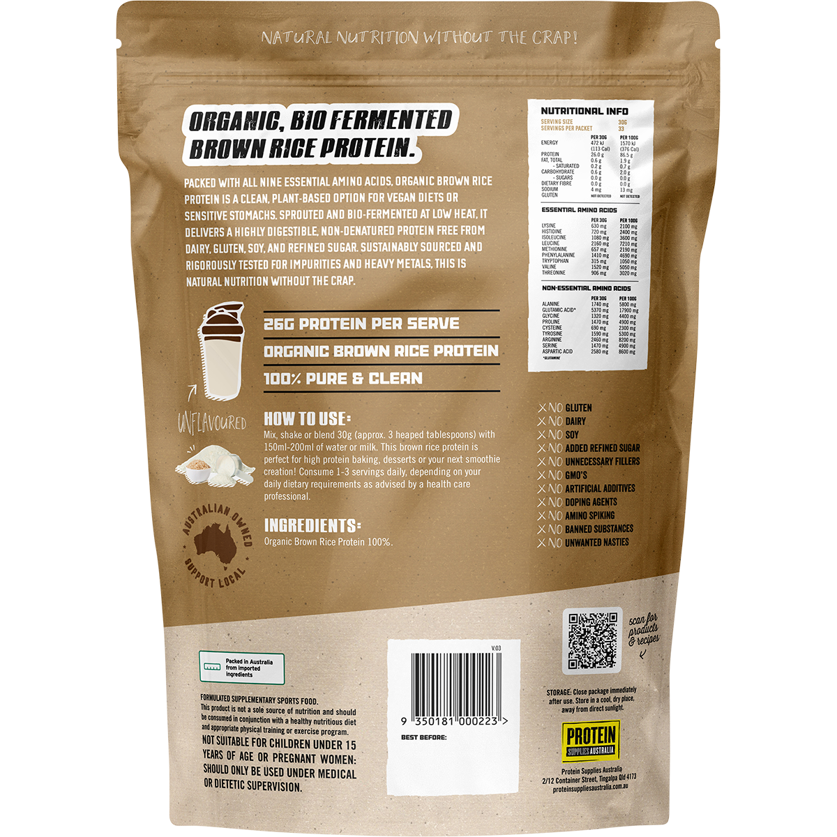 Back of 1kg Protein Supplies Australia Organic Brown Rice Protein bag showing nutritional panel and product details.