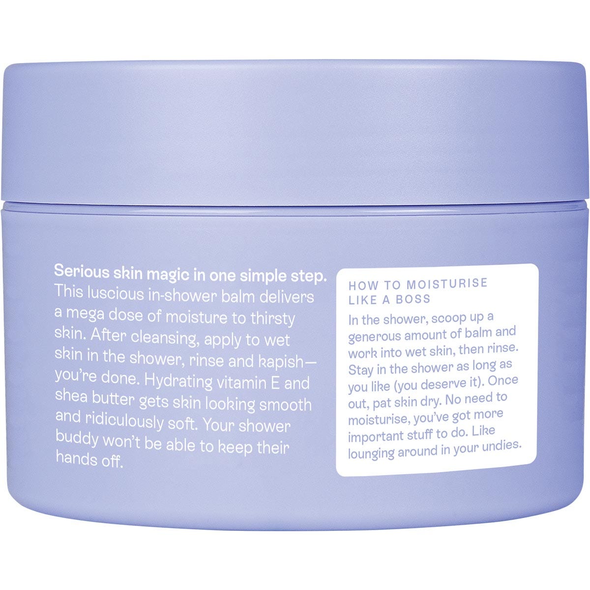 Right side of an Epzen Unwind Shower Balm 200ml purple tub showing product information and a white screw-top lid.