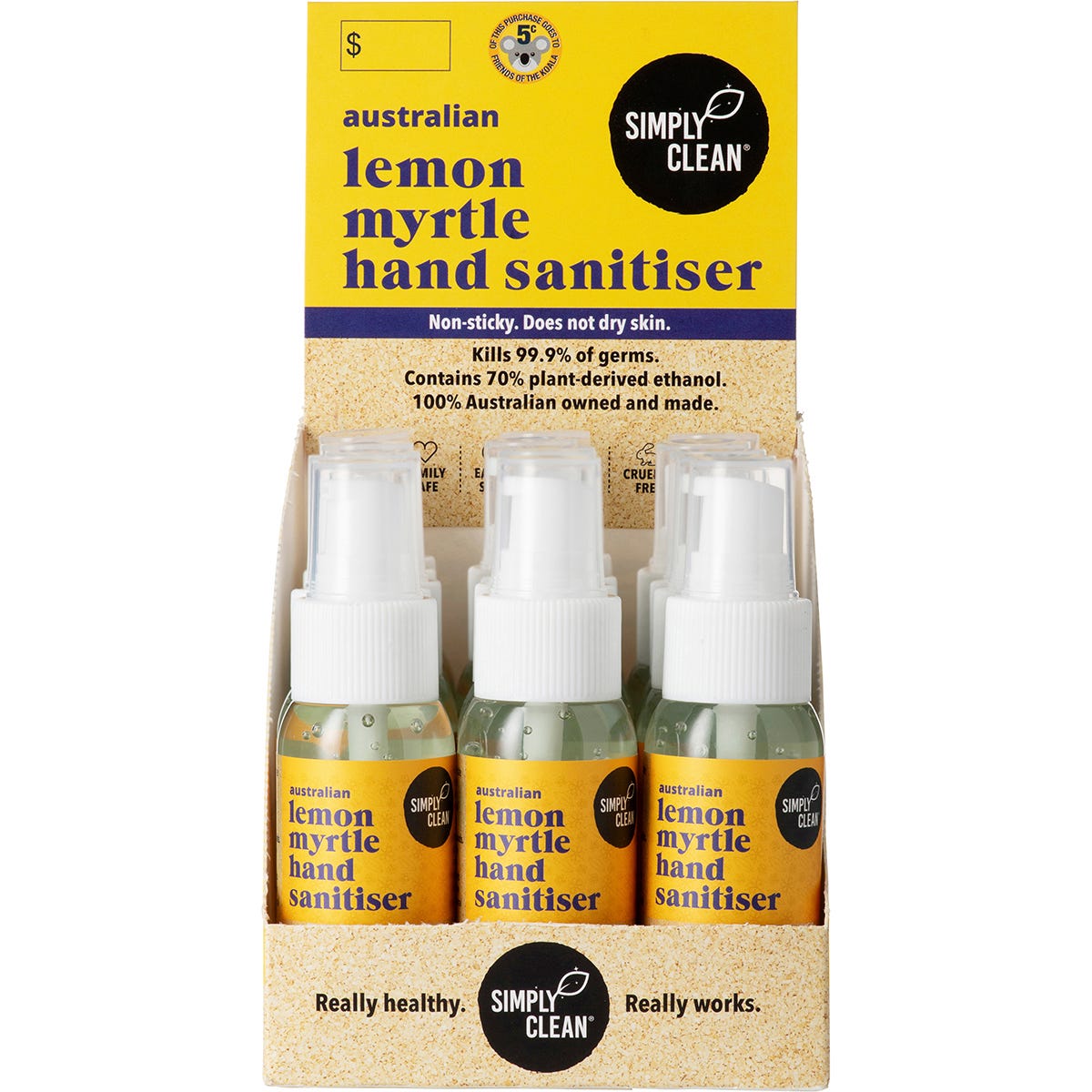 Retail display box containing fifteen 50ml bottles of Simply Clean Lemon Myrtle Hand Sanitiser on a white background.