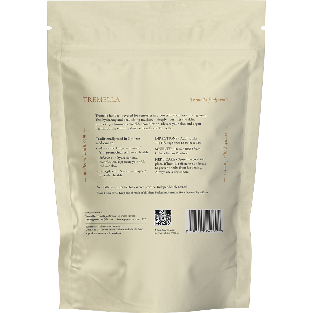 Rear view of a 250g bag of SuperFeast Tremella mushroom extract powder, showing product information and ingredients.