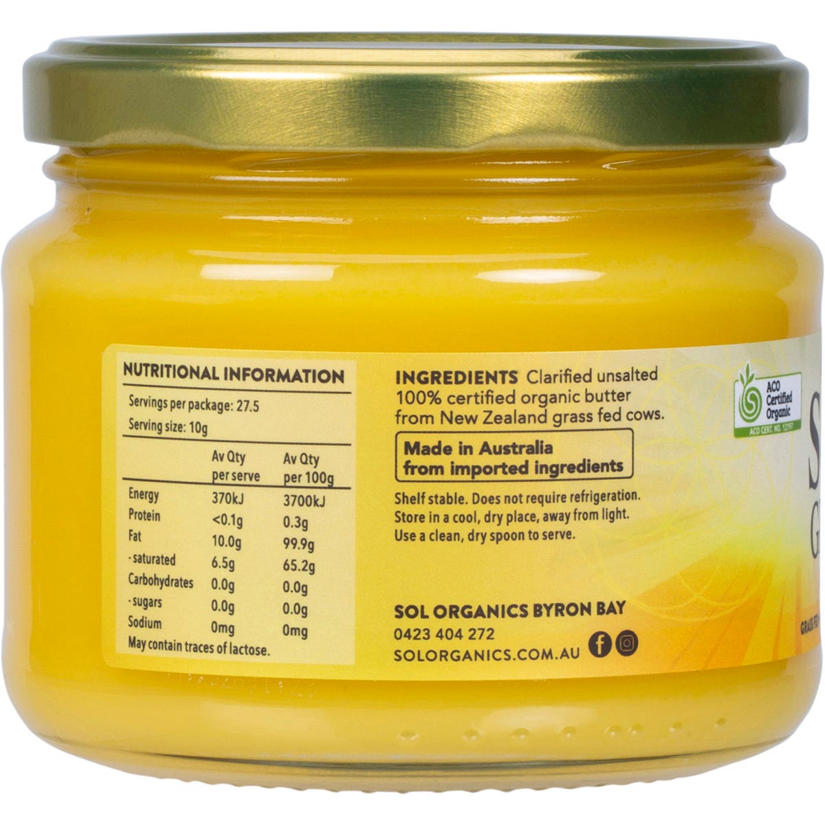 Side view of a 275g glass jar of Sol Organics Organic Ghee made from grass-fed butter on a white background.