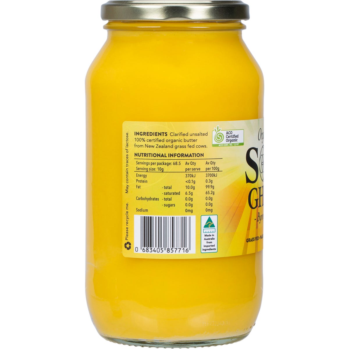 Side view of a 685g jar of Sol Organics Organic Ghee with a yellow label and lid.