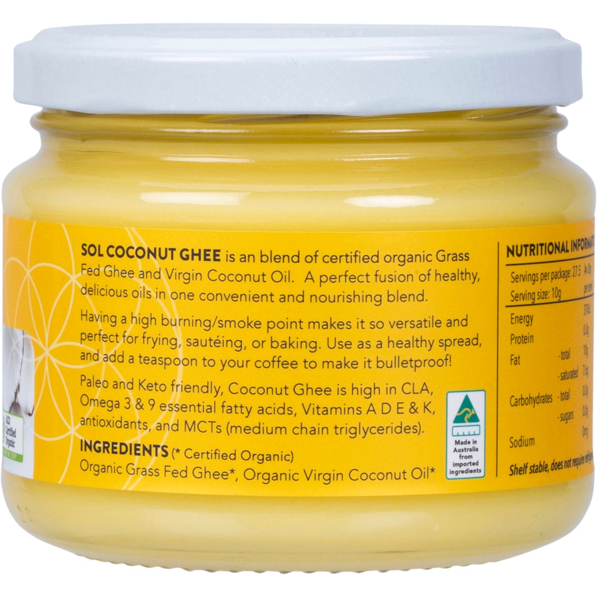 Right-side view of a 275g Sol Organics Coconut Oil & Ghee jar showing ingredients and nutritional info.