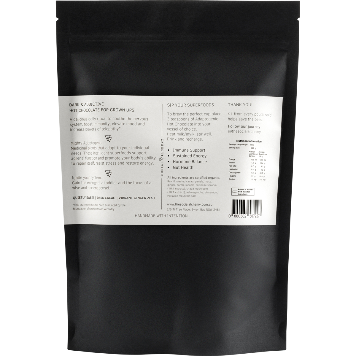 Back of Social Alchemy Adaptogenic Hot Chocolate 450g tub showing ingredients and nutritional information.