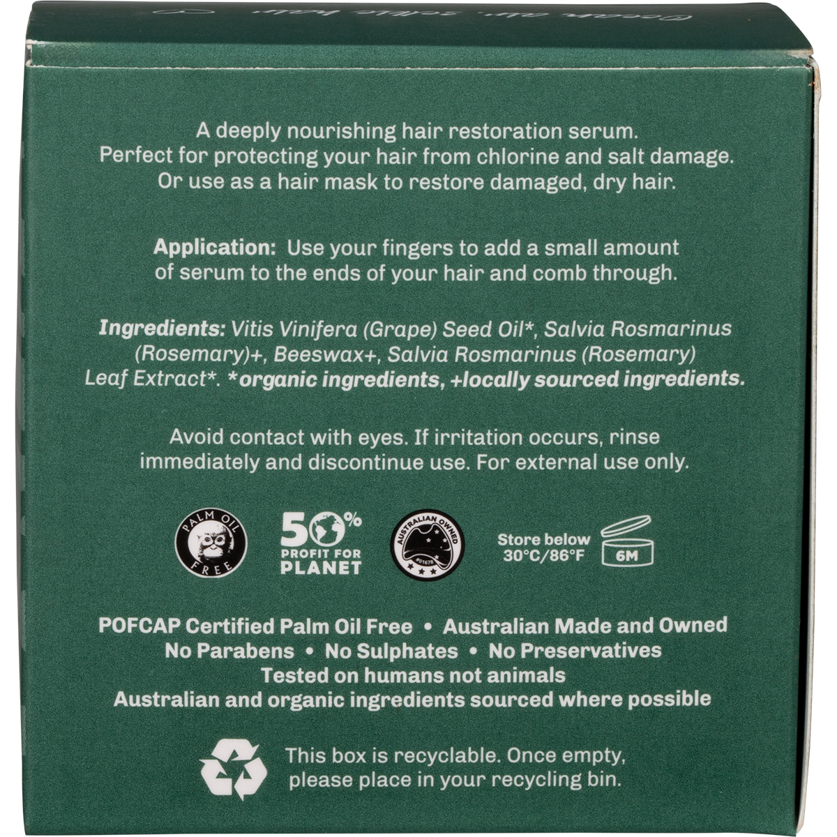 Back of SunButter Protective Hair Serum tin showing directions, ingredients list, and 70ml size on a white background.
