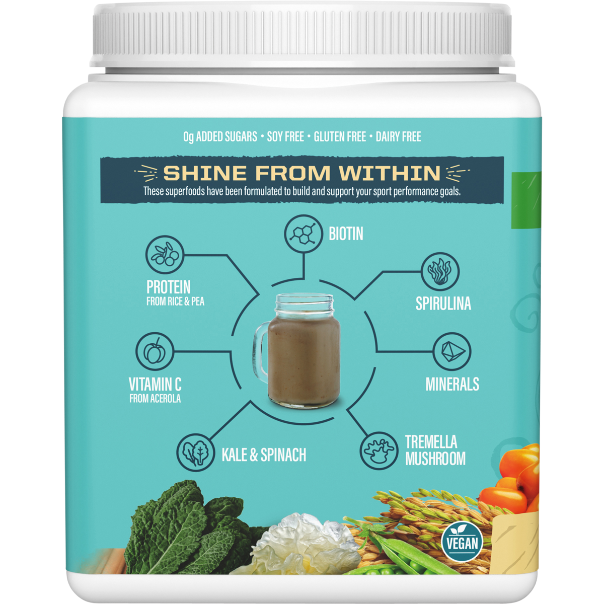 Left side of Sunwarrior Tahitian Vanilla Collagen 500g tub showing product features and brand mission.