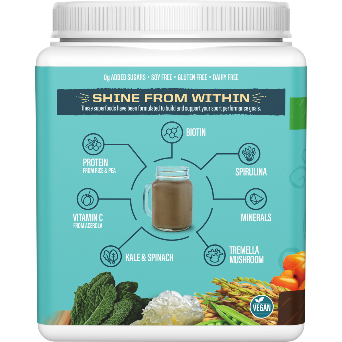 Left-side view of Sunwarrior Chocolate Fudge Collagen Building Protein Peptides tub highlighting product benefits.