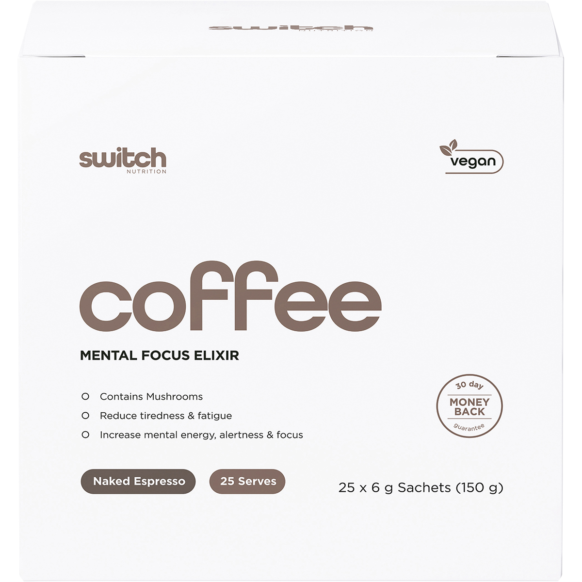 Front of a Switch Nutrition Naked Espresso box featuring a coffee cup and key health benefits on a white background.