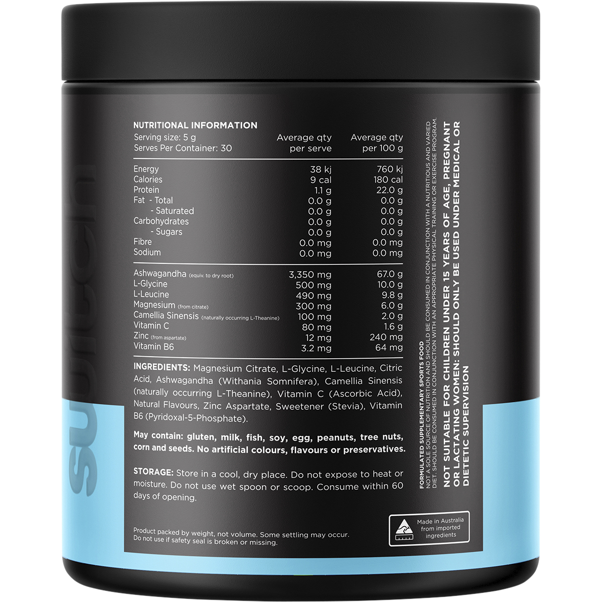 Back of a 150g Strawberry Pineapple Adrenal Switch tub showing nutritional facts and directions on a white background.
