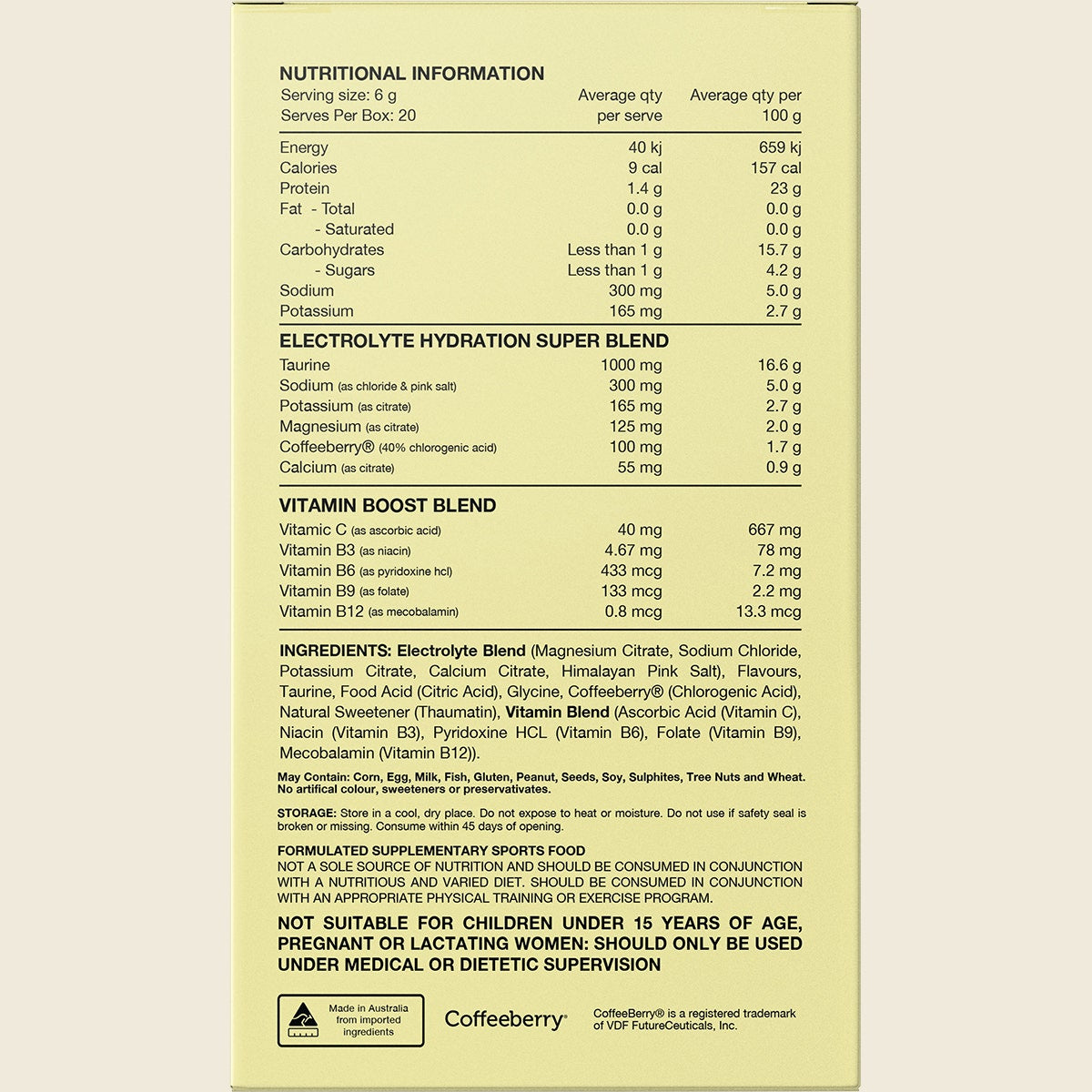 Back of Switch Nutrition Hydrate Electrolytes Lemon Lime 20-pack box with nutrition facts and ingredients.