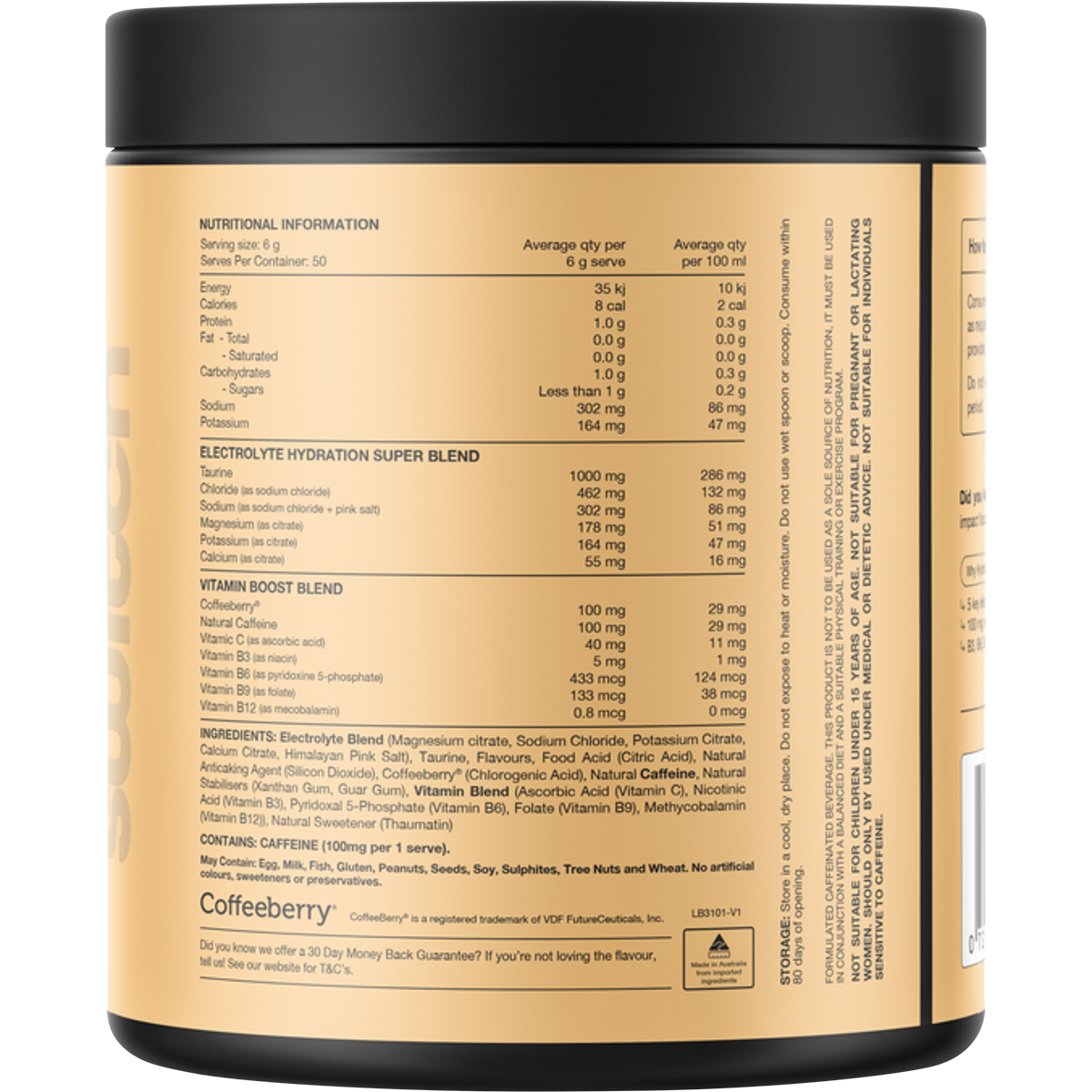 Back view of Switch Nutrition Hydrate + Caffeine Strawberry Burst 300g tub showing nutritional information.