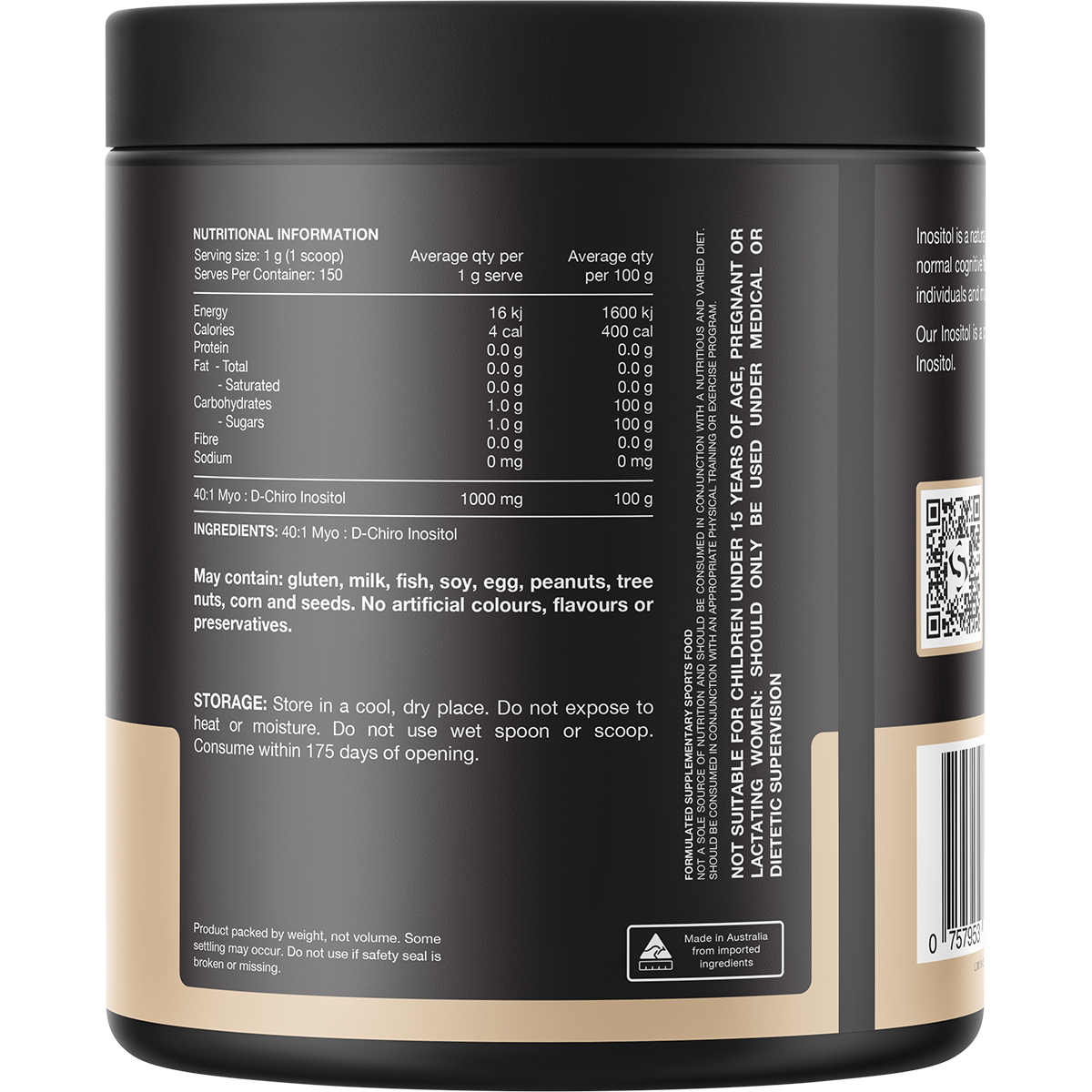 Back of Switch Nutrition Inositol 150g tub showing nutritional information and directions on a white background.