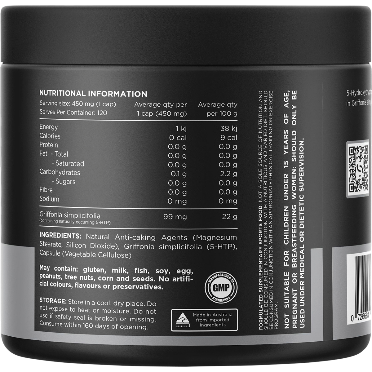 Back of the Switch Nutrition Griffonia 5-HTP bottle showing nutritional information and directions for use.