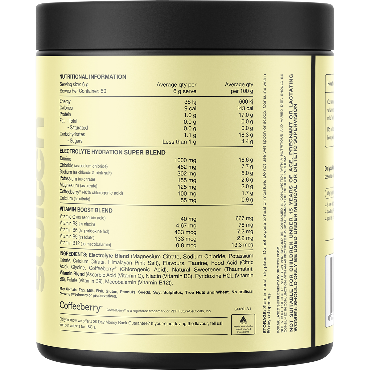 Back of a 300g tub of Switch Nutrition Hydrate Lemon Lime showing nutritional information and ingredients.