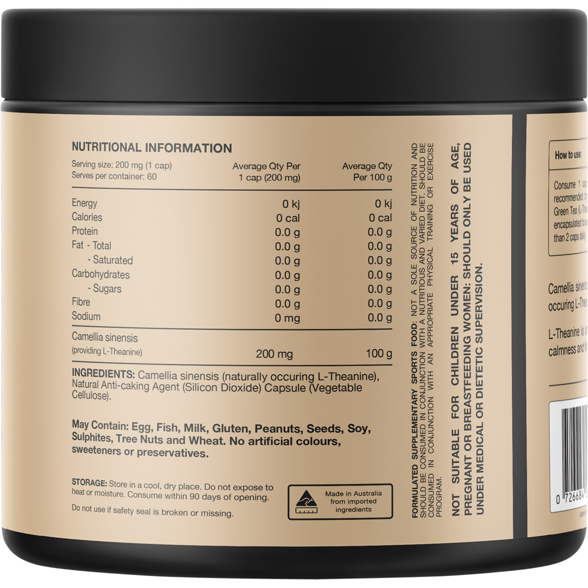 Back of Switch Nutrition L-Theanine 60 capsules bottle showing ingredients, directions, and nutritional information.