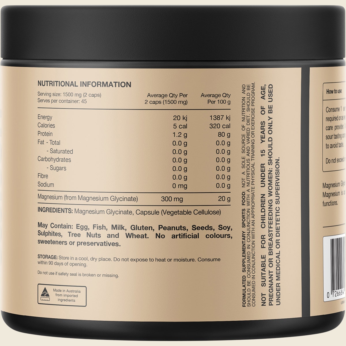 Rear of Switch Nutrition Mag Gly 90 Caps bottle showing nutritional information and directions for use.