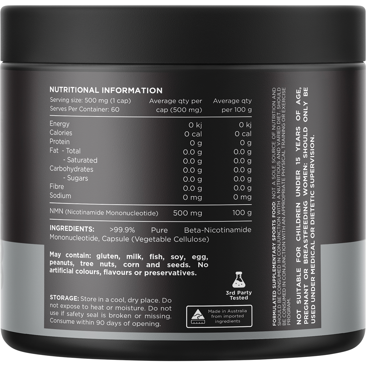 Rear view of Switch Nutrition NMN Pure 60 capsules bottle showing nutritional information and directions for use.