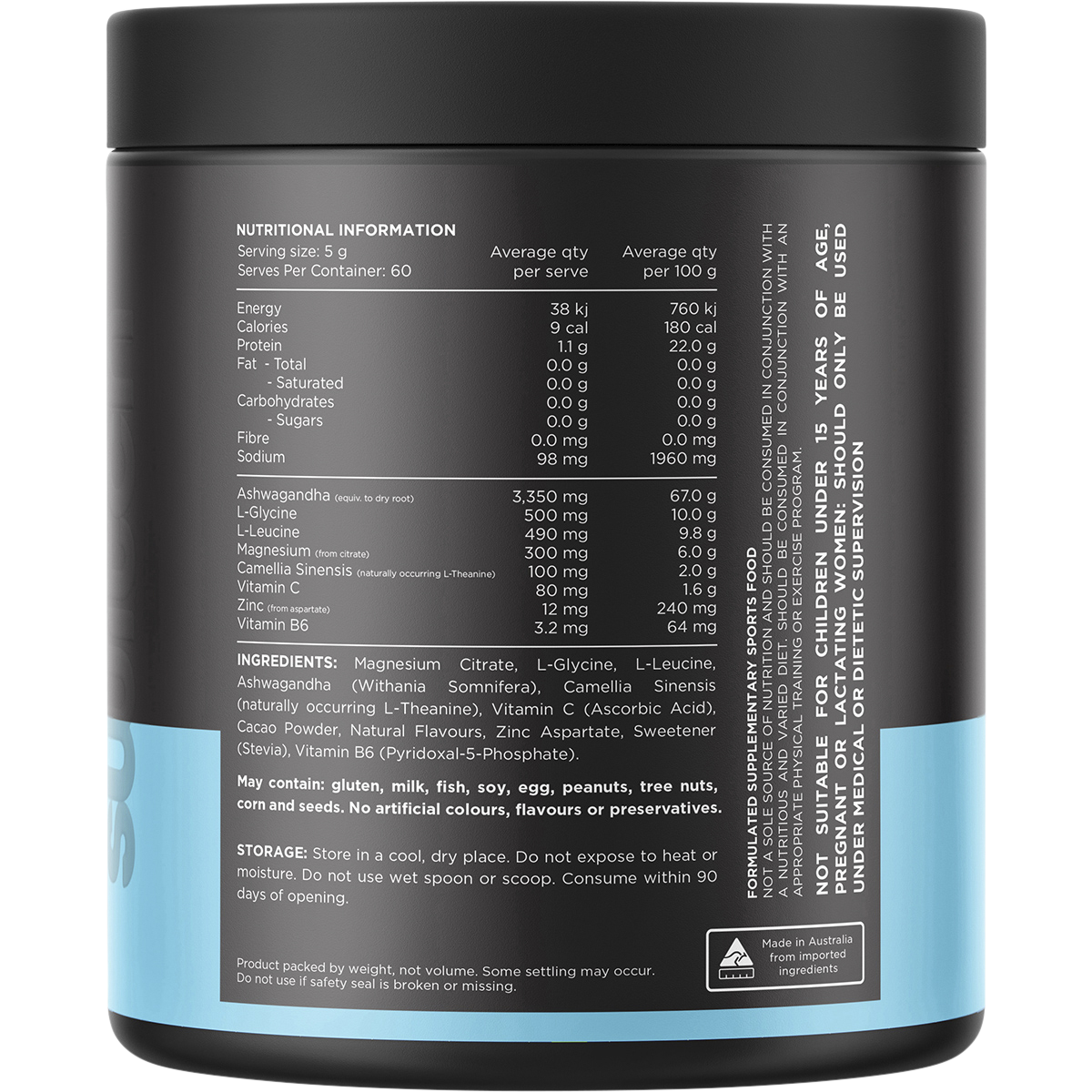 Back of a 300g tub of Switch Nutrition Adrenal Magnesium Support Powder in chocolate flavor showing ingredients.