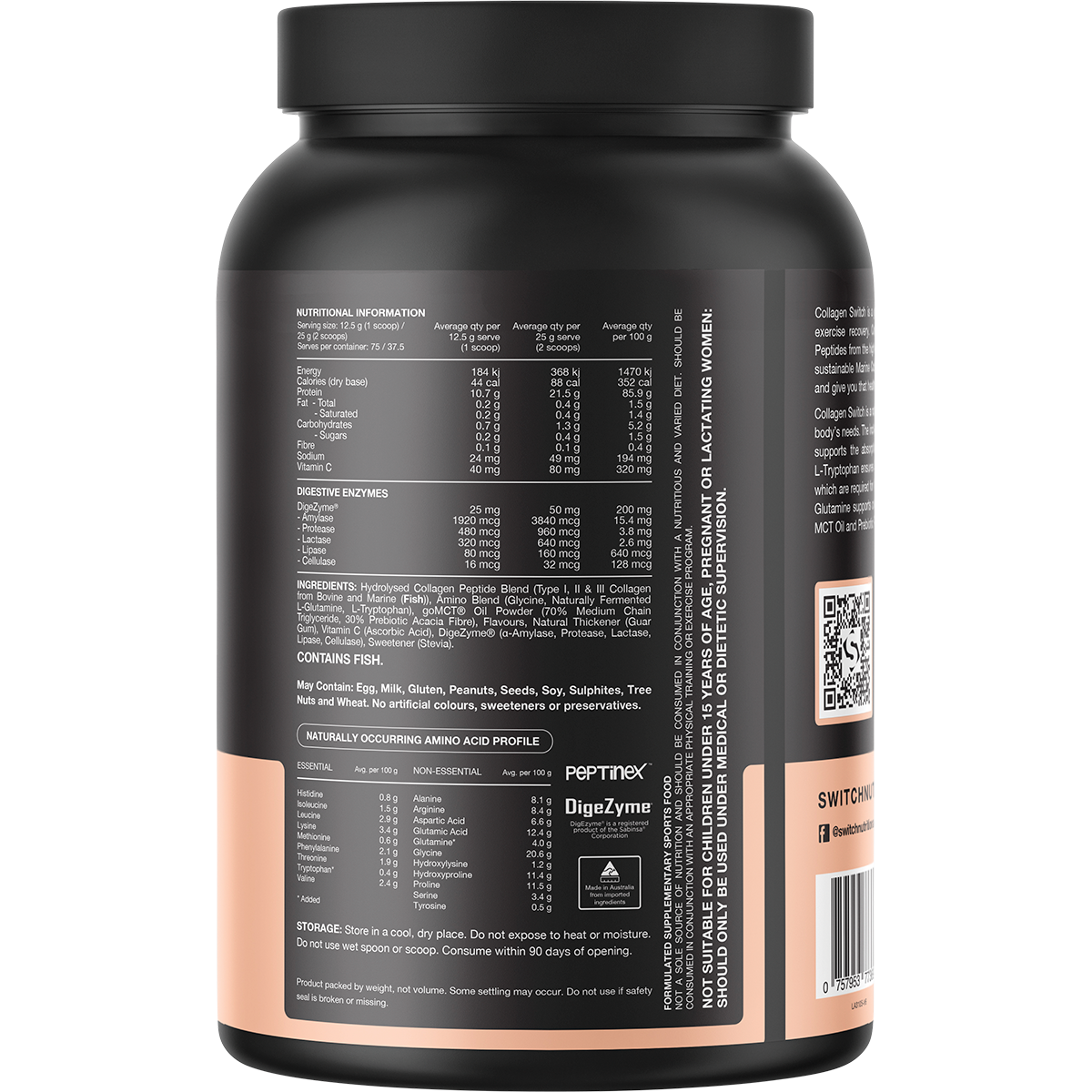 Back of a 938g tub of Switch Nutrition Hydrolysed Collagen Protein in Vanilla Creme showing ingredients and nutrition.