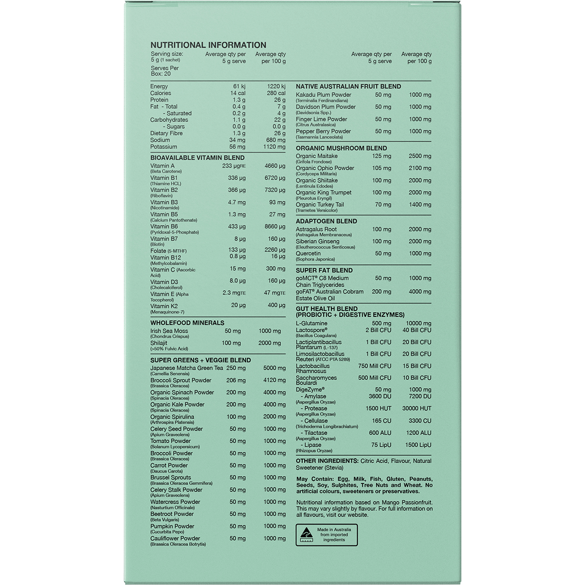 Back of Switch Nutrition Greens box showing nutritional information, ingredients, and directions for 20 sachets.