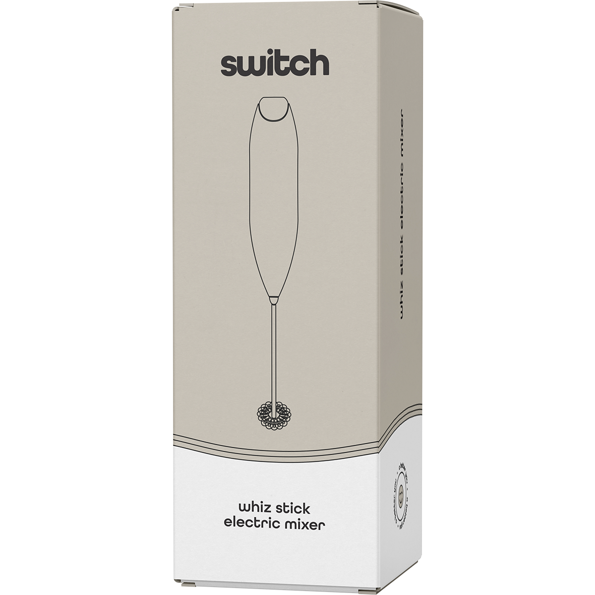 Beige Switch Nutrition Whiz Stick Electric Mixer retail packaging box featuring product features and branding.