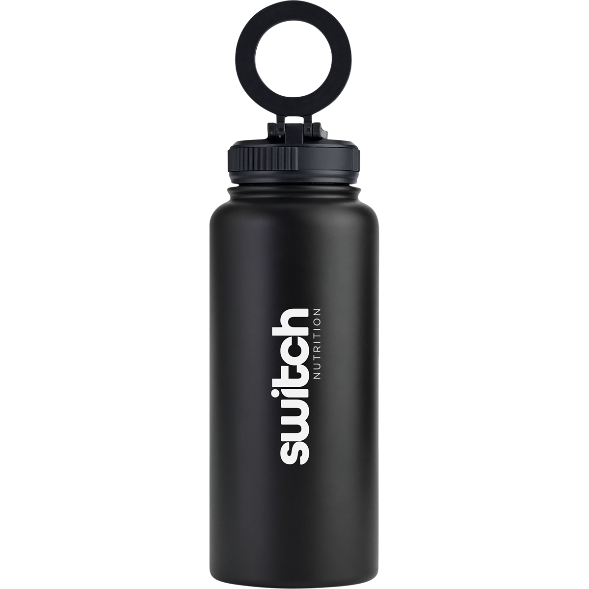 1L black stainless steel Switch Nutrition water bottle featuring a matte finish and integrated phone mount on the lid.