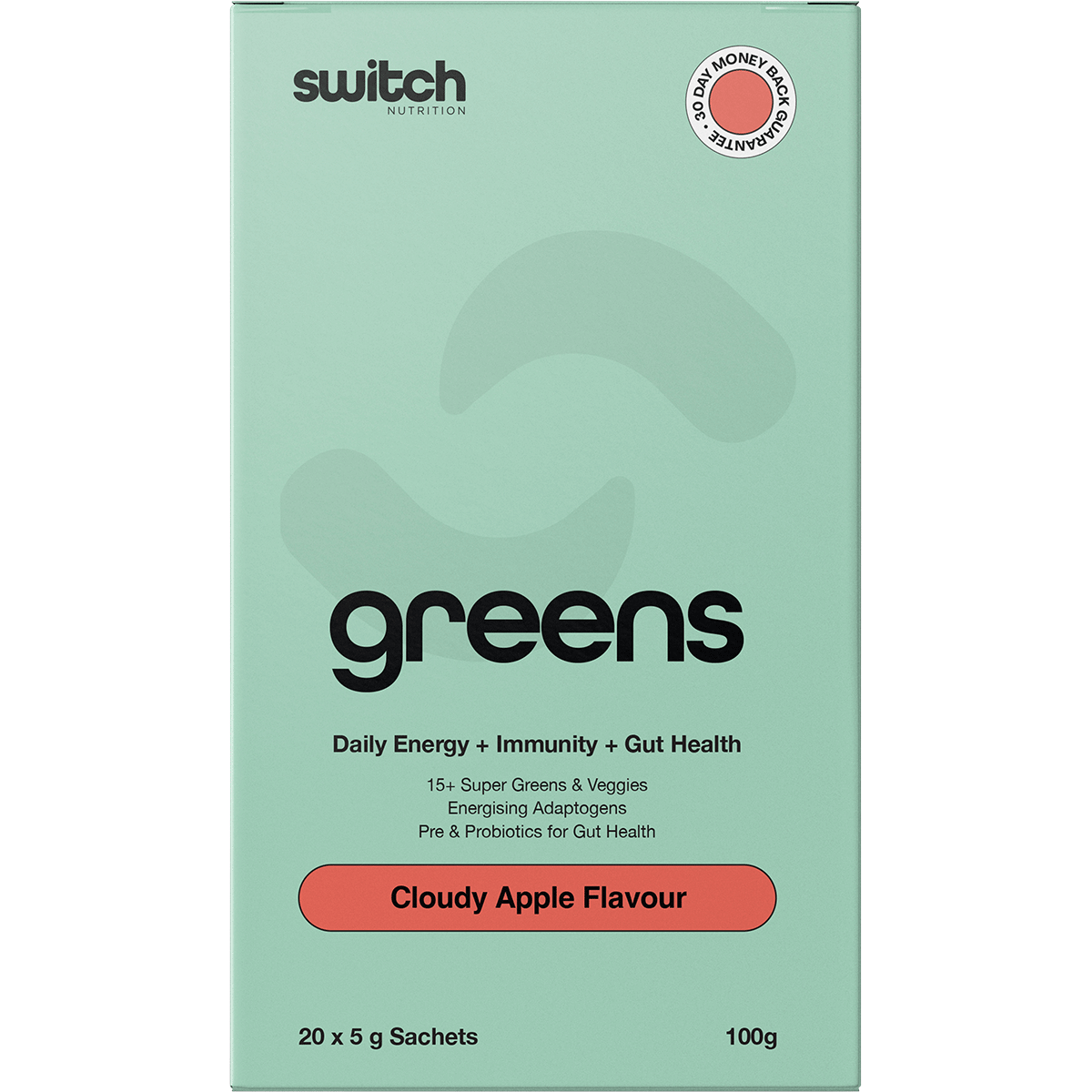 Front of a Switch Nutrition Greens Cloudy Apple box featuring green botanical illustrations and 20 sachet count.