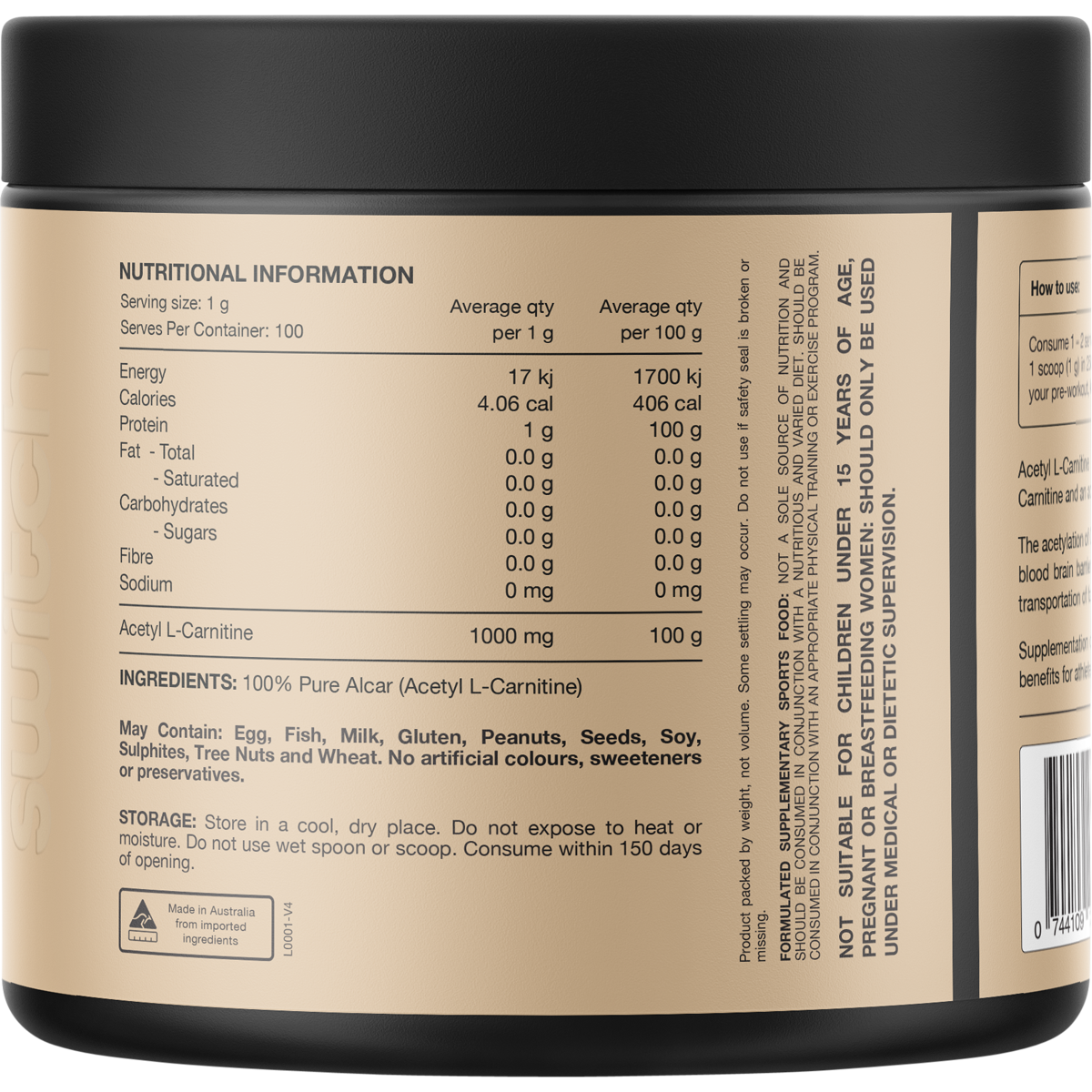 The back of a Switch Nutrition 100g tub of Acetyl L-Carnitine, showing ingredients and nutritional information.