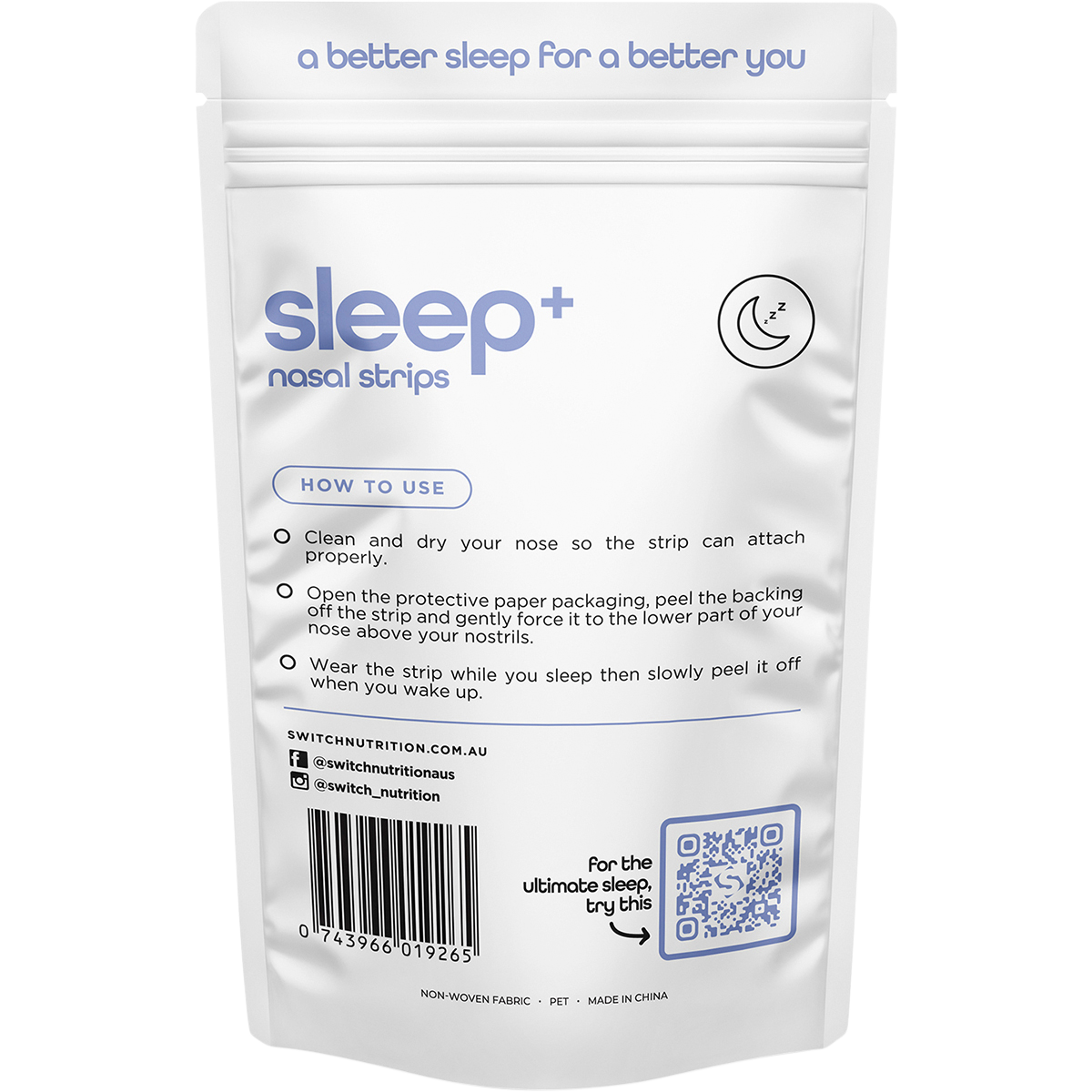 Back of Switch Nutrition Sleep+ Nasal Strips 30 Pack box with directions for use and product benefits.