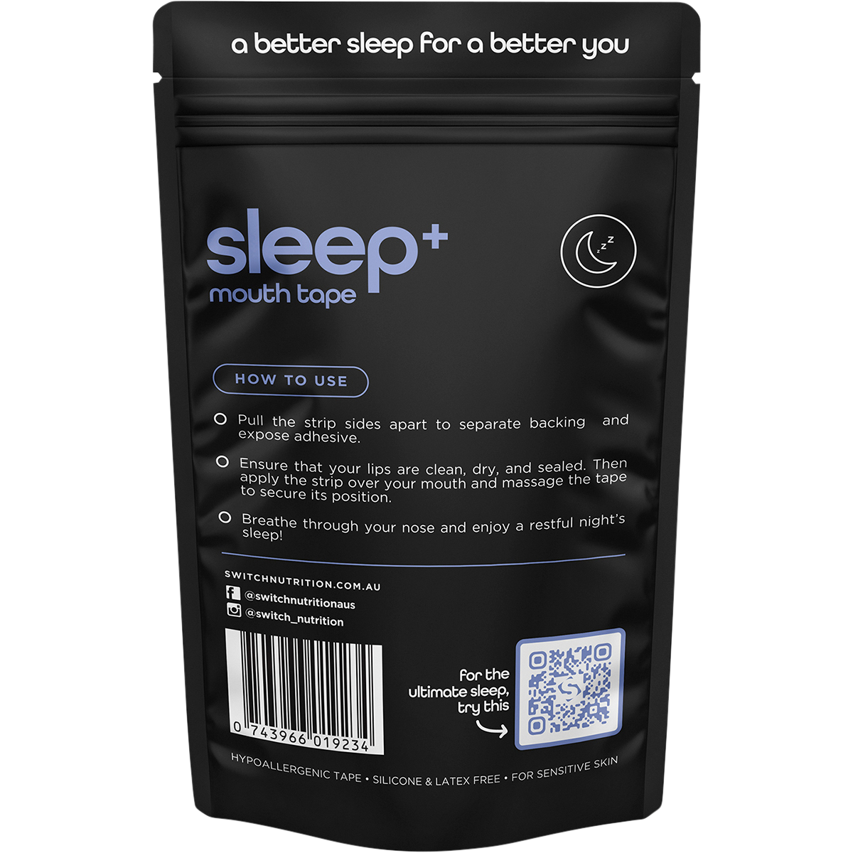 Back of Switch Nutrition Sleep+ Mouth Tape 30 Pack pouch showing product information and benefits on a blue background.