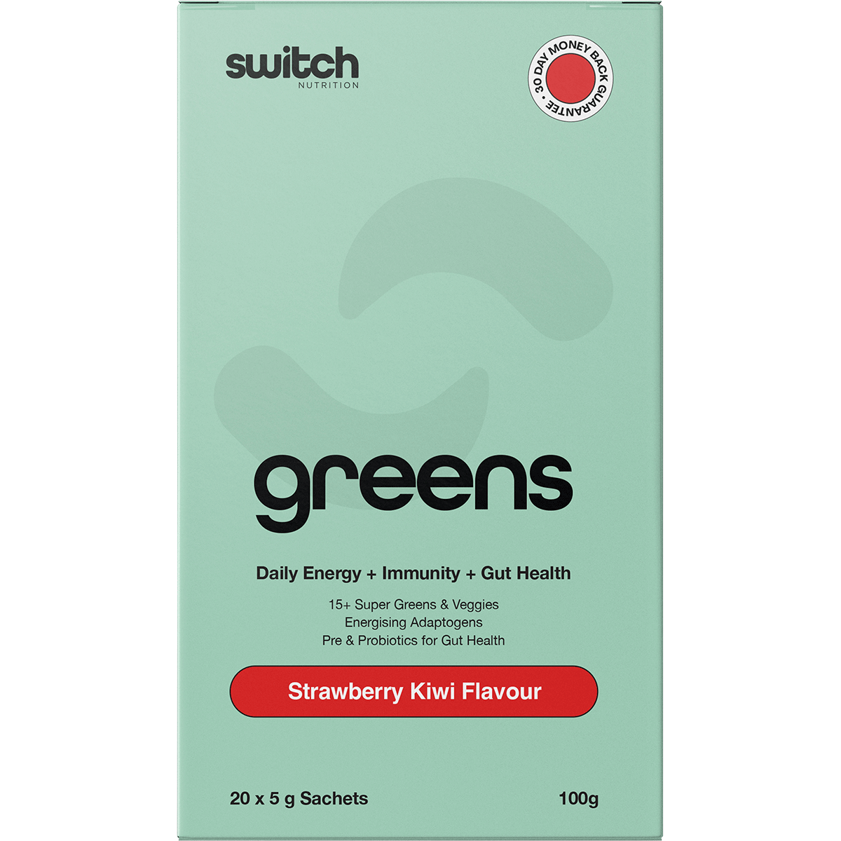Front of a Switch Nutrition Greens Strawberry Kiwi 20-pack box featuring super greens and gut health benefits.