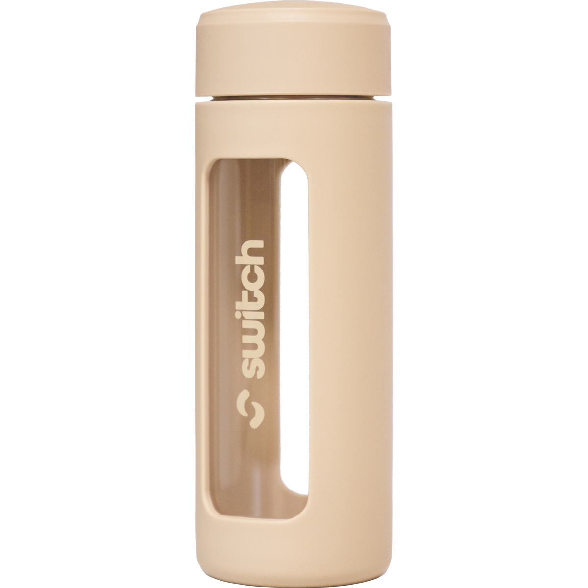 460ml glass water bottle with a beige silicone sleeve and built-in tea strainer shown on a white background.