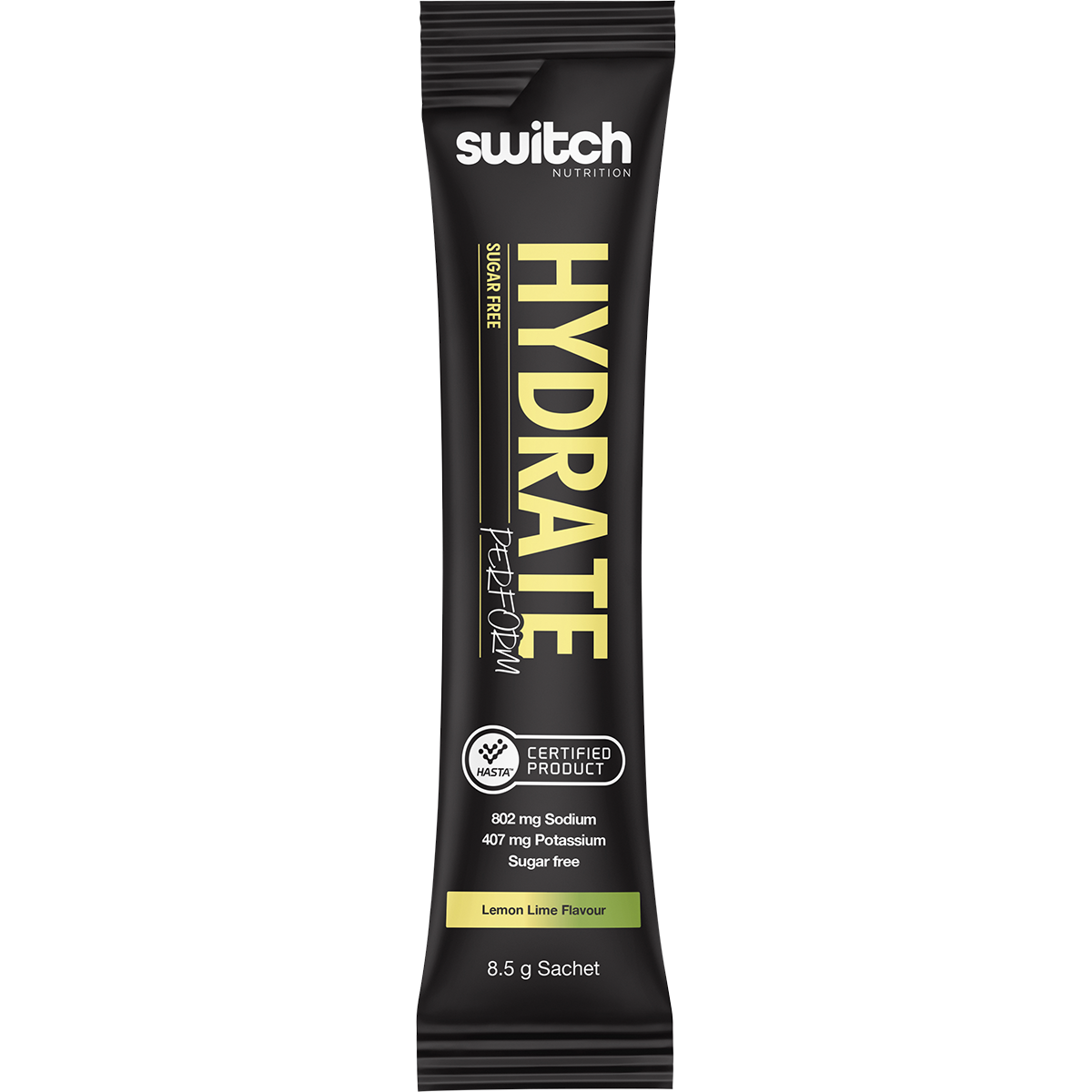Side of Switch Nutrition Hydrate Perform Lemon Lime box showing key features and 2:1 sodium to potassium ratio.