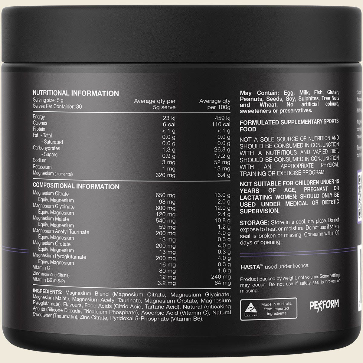 Back of Switch Nutrition Multi-Mag Perform Mango Passionfruit 150g tub showing nutritional panel and ingredients.