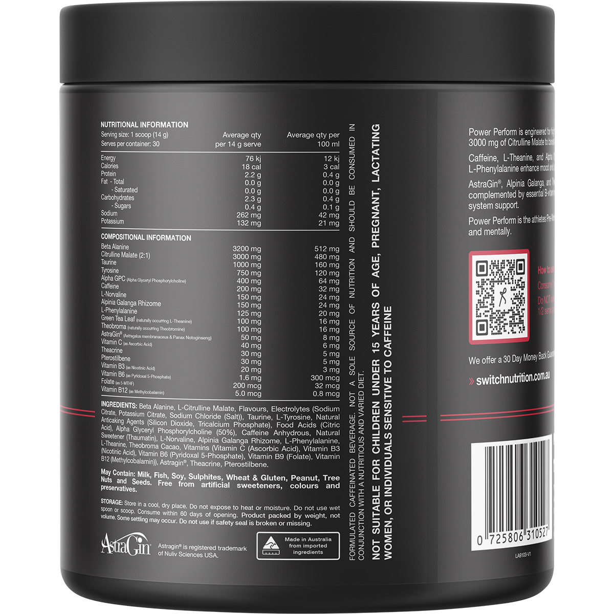 Back view of a 420g strawberry kiwi Switch Nutrition Perform Power Pre-Workout tub showing nutritional information.