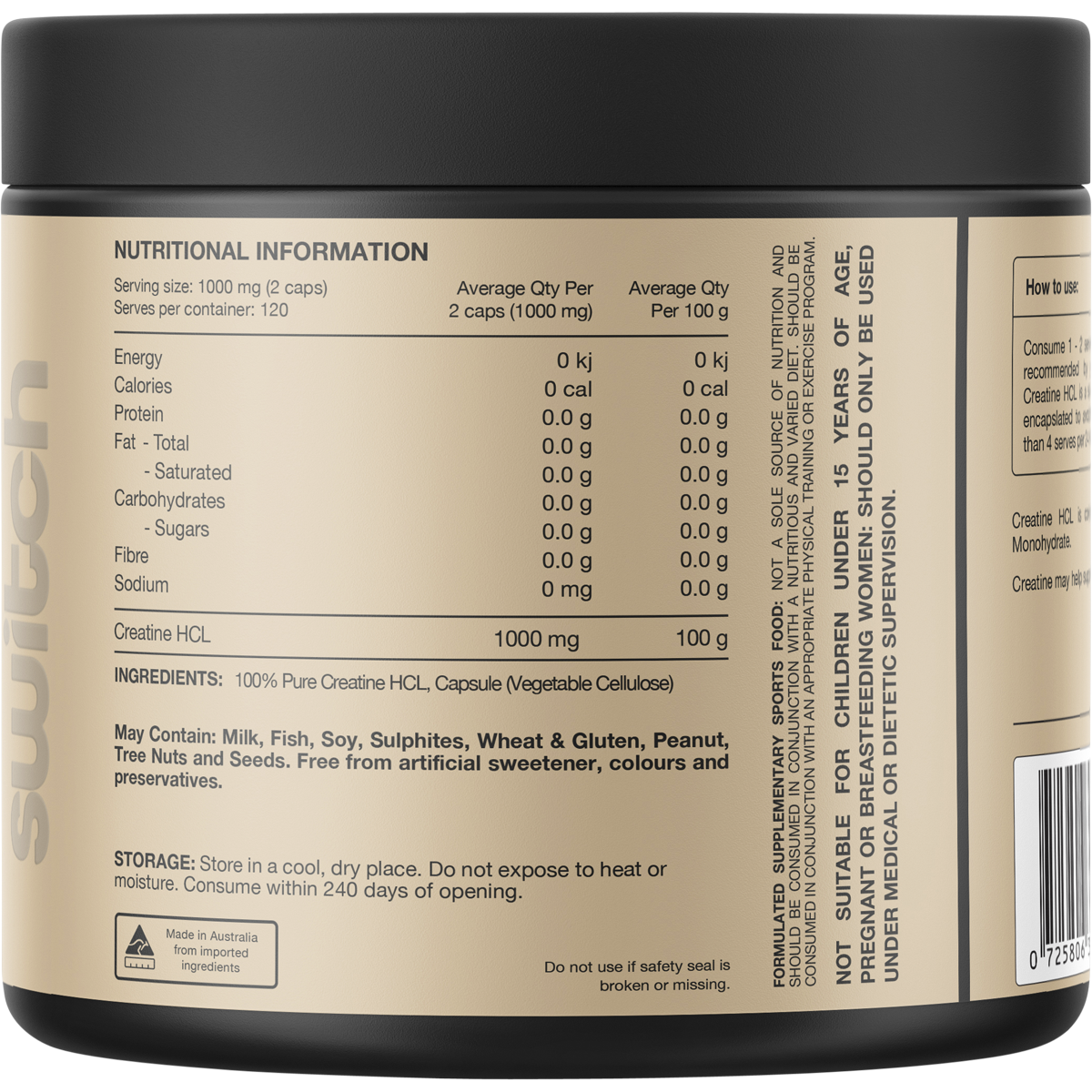 Switch Nutrition Creatine 100% Pure HCL 240 Caps