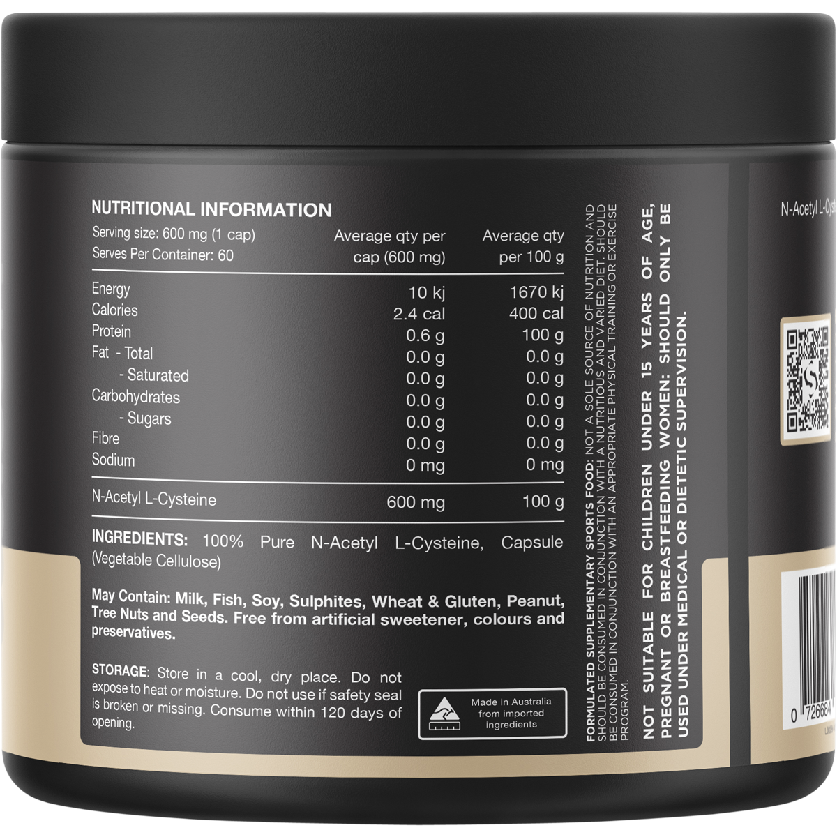 Back of Switch Nutrition NAC 60 capsules bottle showing nutritional information and directions on a white background.