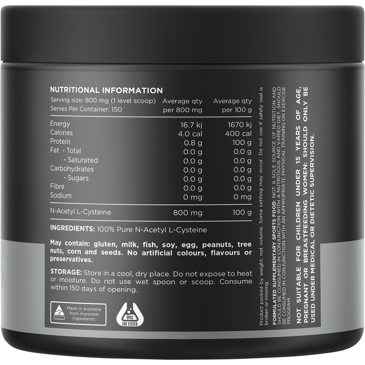 Back of Switch Nutrition NAC 120g tub showing nutritional information and directions on a white background.