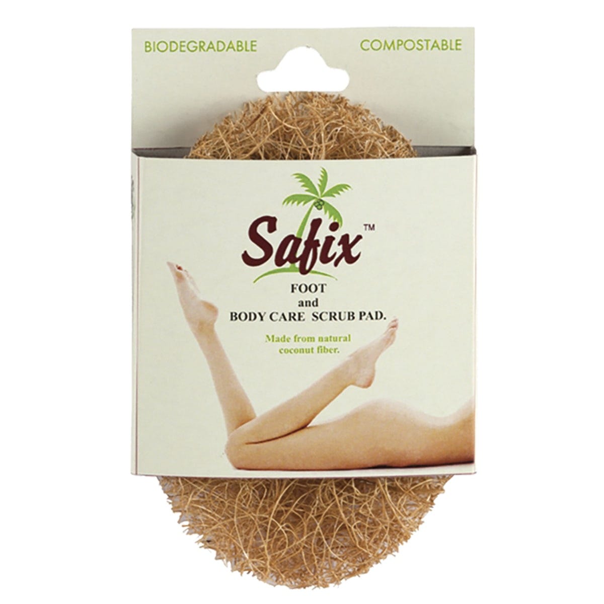 Safix biodegradable and compostable foot and body scrub pad made from natural organic coconut fibers.