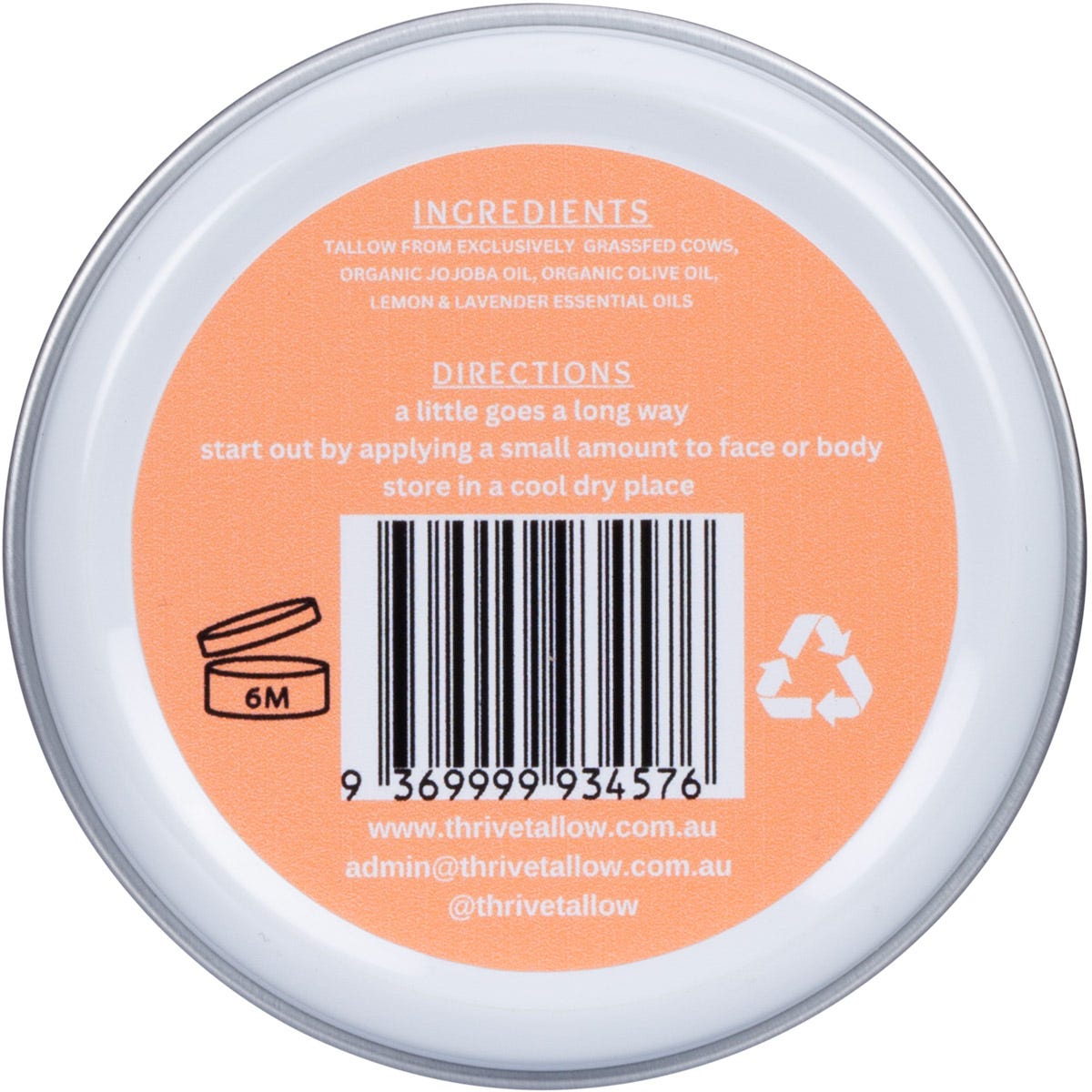 Back of Thrive Scented Whipped Tallow Moisturiser 70ml jar with ingredients, benefits, and usage directions.